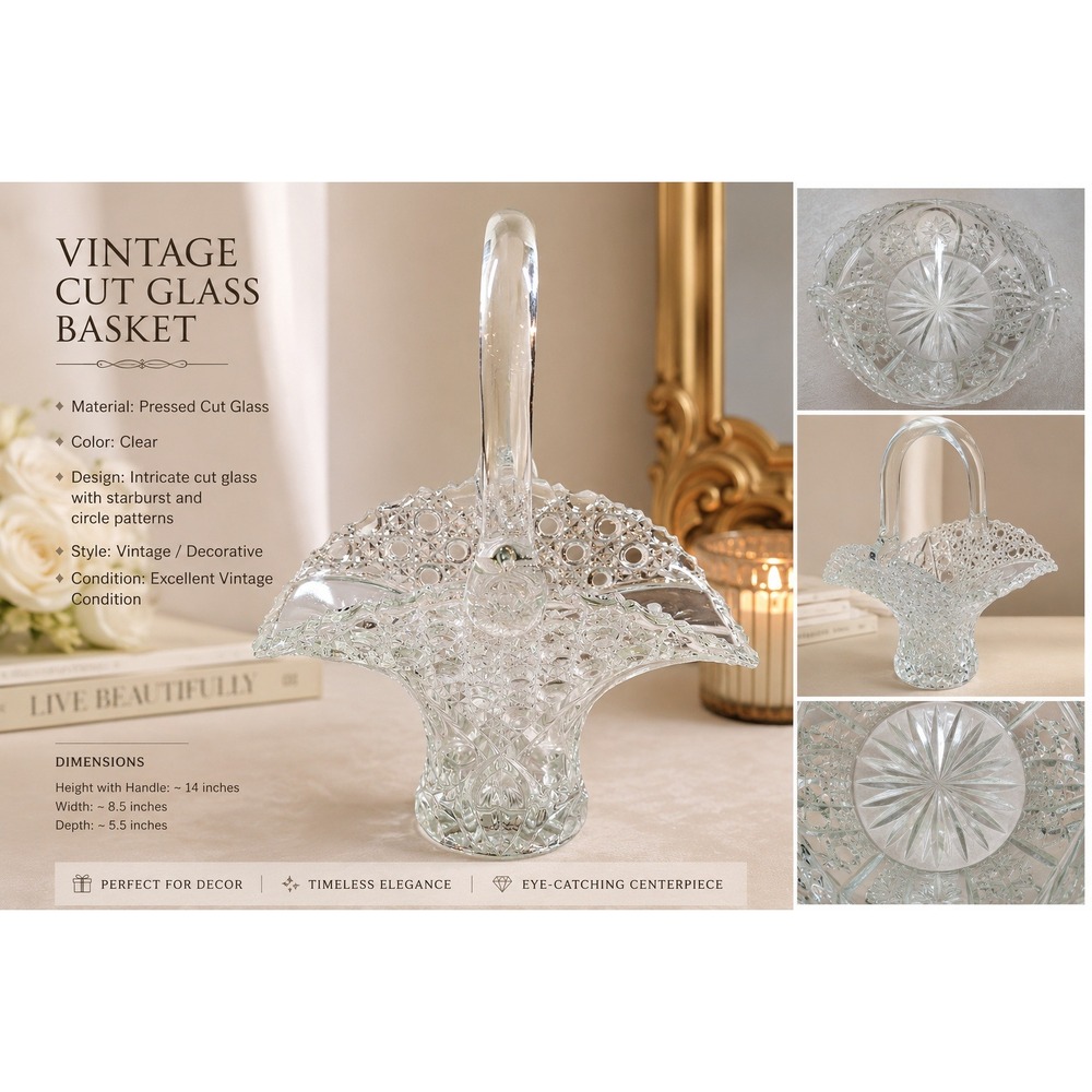 Vintage Clear Cut Glass Basket Starburst Circle Pattern‎ Decorative Centerpiece